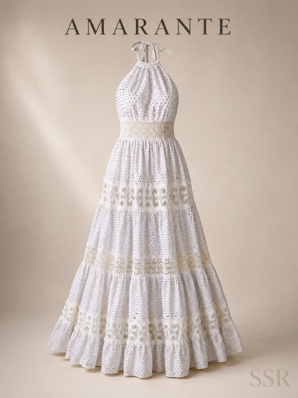 Amarante Brazil White Crystal Eyelet Halter Maxi Dress NWT Small Bridal Resort S